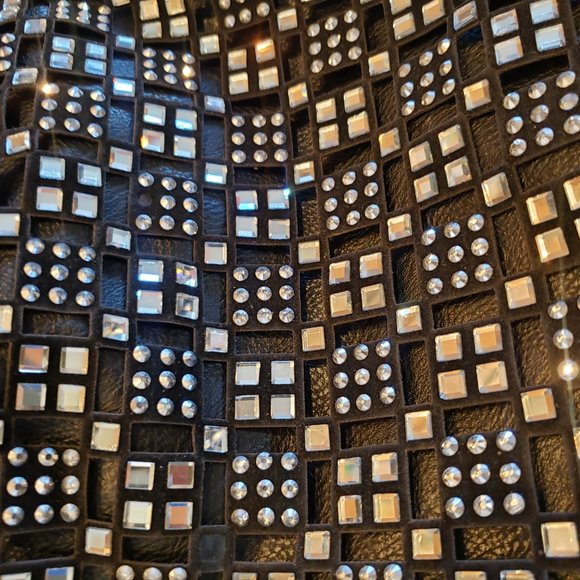 Black Leather Purse With Rhinestone Accents, Geometric Pattern - Picture 5 of 9